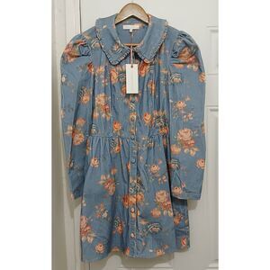 Loveshackfancy womens small beyers puff sleeve floral dress blue corduroy